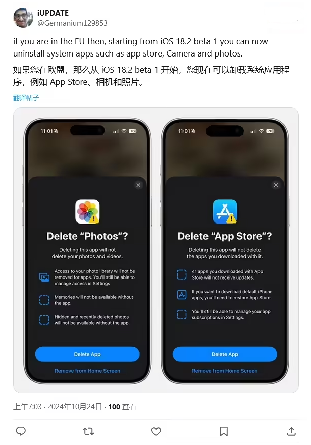 旬阳苹果手机维修分享iOS 18.2 支持删除 App Store 应用商店 