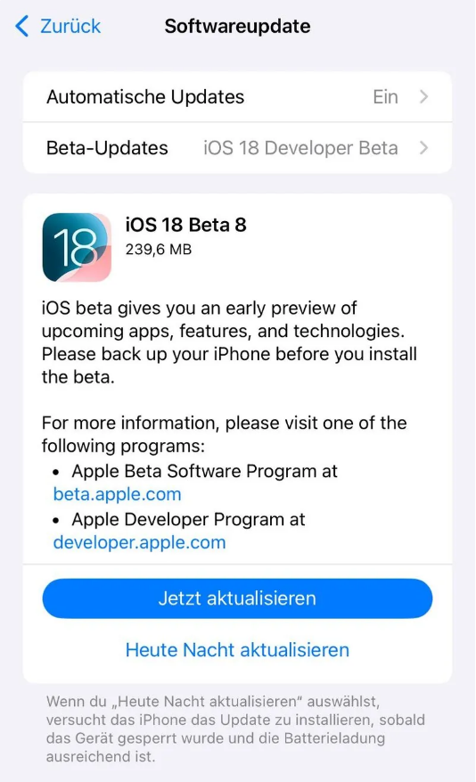 旬阳苹果手机维修分享苹果 iOS / iPadOS 18 开发者预览版 Beta 8 发布 